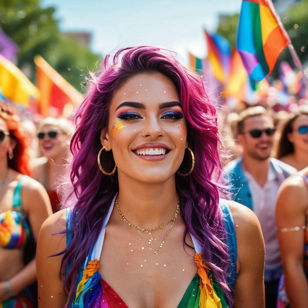 A lively celebration scene featuring a diverse crowd at a pride parade filled with colorful flags and vibrant costumes, with emphasis on inclusion of both pride elements and shemale entertainment. Capture the joy and pride on the faces of attendees, adorned in creative outfits and makeup, amidst a backdrop of festival booths and performers. Bright confetti falling from the sky adds to the festive atmosphere. super-realistic. vibrant colors. dynamic composition.