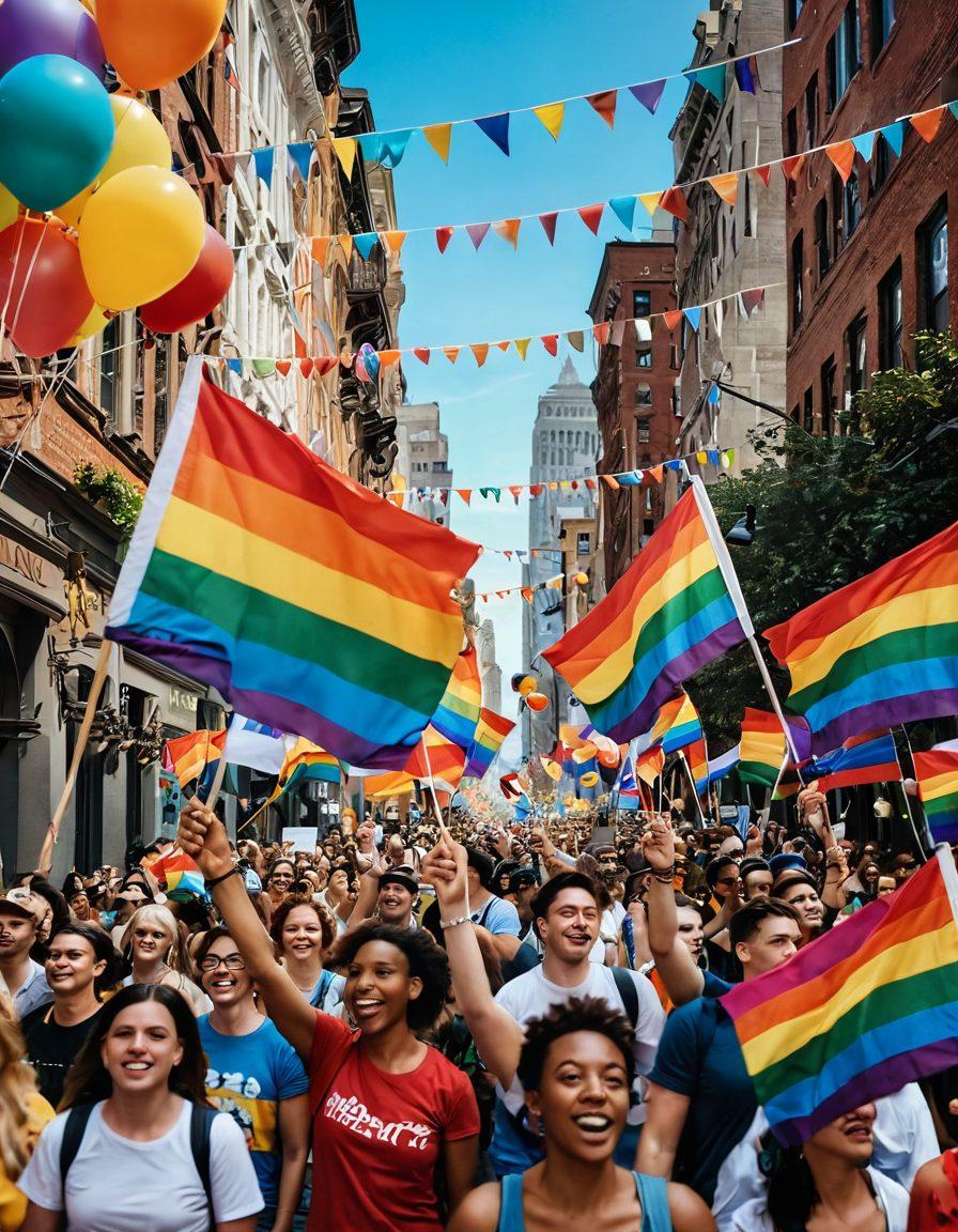 A vibrant collage showcasing a joyous LGBTQ+ pride parade filled with diverse individuals holding colorful flags, representing various identities in celebration of diversity. In the background, iconic city landmarks are illuminated with rainbow colors, while festive decorations, balloons, and banners add to the celebratory atmosphere. The mood is energetic and inclusive, emphasizing unity and acceptance. super-realistic. vibrant colors. dynamic composition.