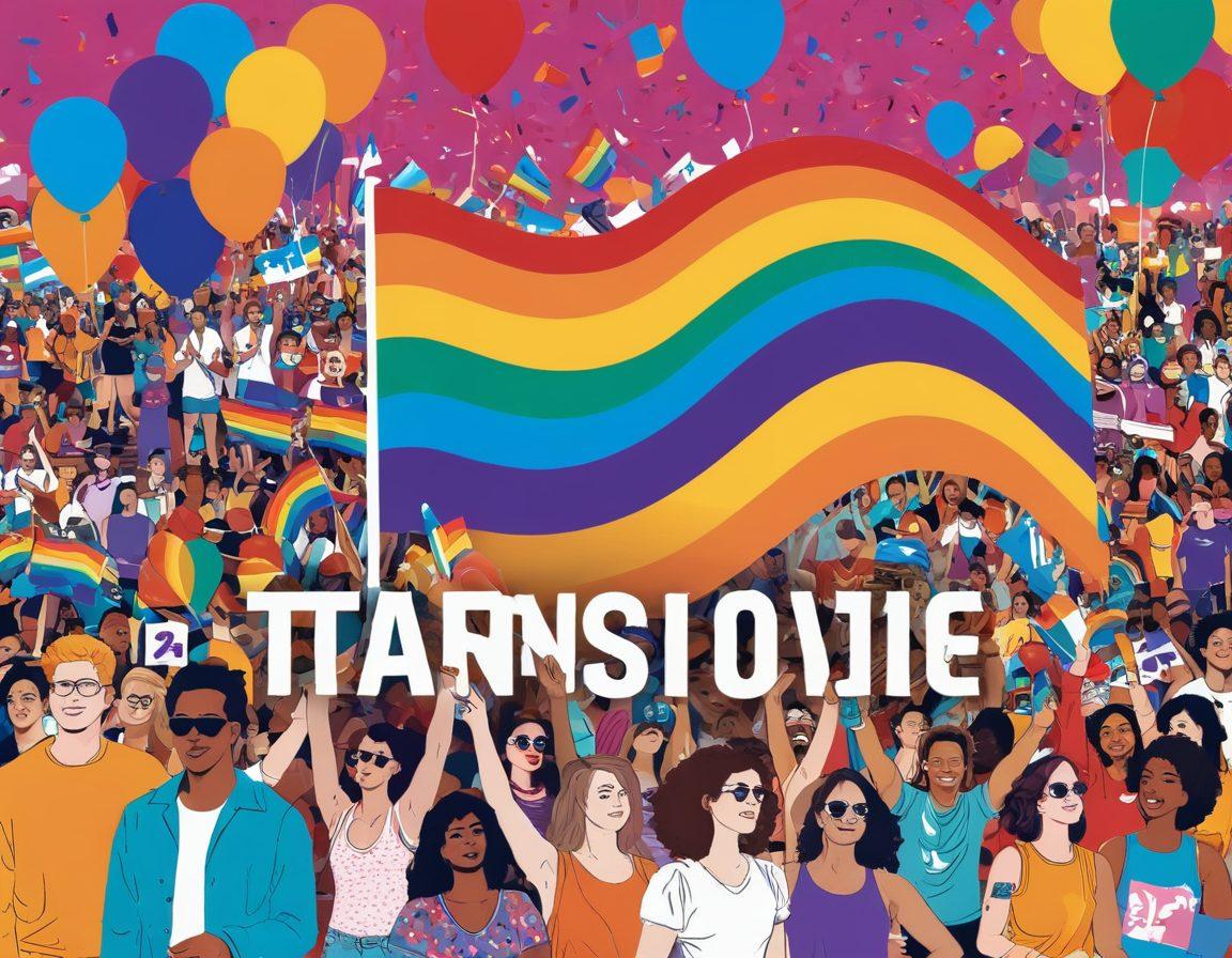 A colorful and diverse collage showcasing various LGBTQ+ events, including pride parades, community gatherings, and festivals. Feature symbols of trans visibility like the trans pride flag and inclusive signage. Add celebratory elements such as confetti, balloons, and enthusiastic participants of all genders in vibrant outfits. Incorporate a calendar motif in the background with highlighted event dates. bright colors. vector art. dynamic composition.